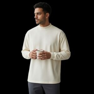 Lands End Mens Sz XL Tee Mock Neck Long Sleeves Cream TShirt Casual Comfy Top